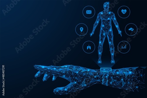 A hologram of a man in a smartwatch. Information and functions of the device. Polygonal design of interconnected lines and points. Blue background