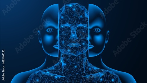 Internal electronic neural network. Artificial intelligence of a humanoid. Polygonal design of interconnected lines and points. Blue background
