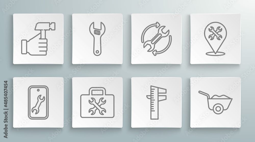 Set line Mobile service, Adjustable wrench, Toolbox, Calliper or caliper and scale, Wheelbarrow, Wrench arrows as workflow, Location with and Hammer icon. Vector