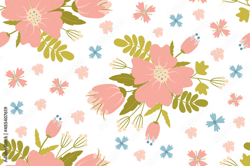 Floral seamless pattern of delicate spring flowers in pastel colors. Suitable for textiles, packaging, interior decoration. Romantic background. Color drawing by hand. Vector illustration