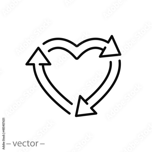 love recycle icon, heart circulation, reuse arrow, thin line symbol on white background - editable stroke vector illustration
