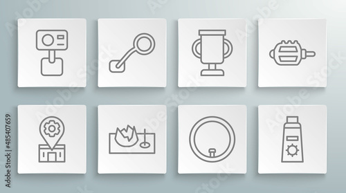 Set line Bicycle repair service, rear view mirror, on street ramp, wheel, Sunscreen cream in tube, Award cup with bicycle, pedal and Action extreme camera icon. Vector