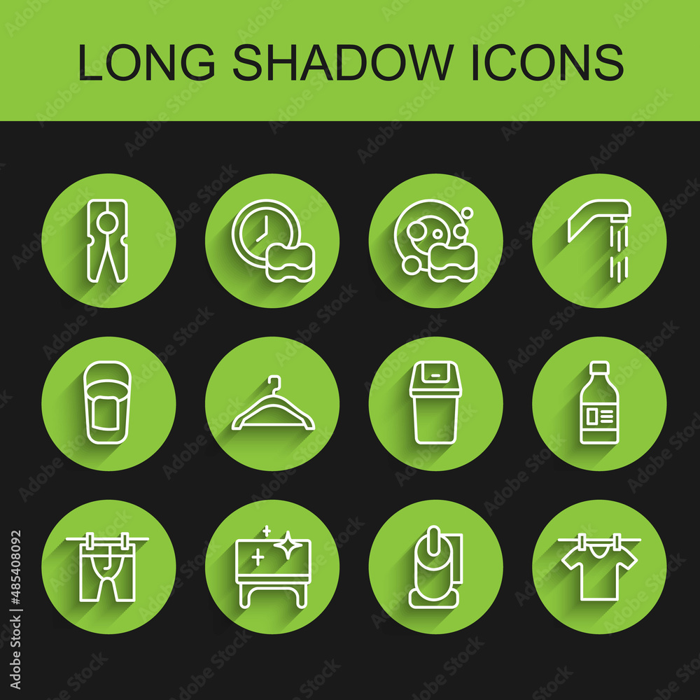 Set line Drying clothes, Clean table, Clothes pin, Toilet paper roll, Hanger wardrobe, Bottle for cleaning agent and Trash can icon. Vector Set line Drying clothes, Clean table, Clothes pin, Toilet paper roll, Hanger wardrobe, Bottle for cleaning agent and Trash can icon. Vector