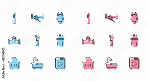 Set line Toolbox, Bathtub, Screwdriver, Washer, Wrench spanner, Bucket, Industry pipe and manometer and metallic icon. Vector