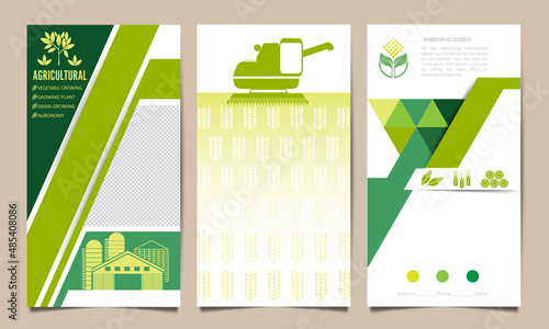 A set of agricultural leaflets, flyers, brochures with a combine harvester harvesting wheat, an eco farm. Template of flyers for the agricultural industry