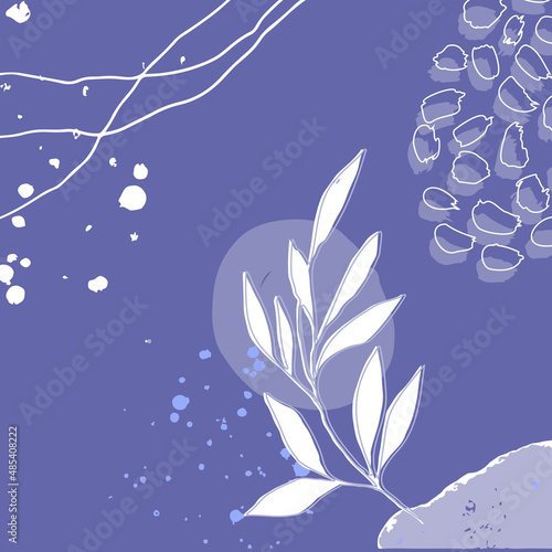 Abstract purple background in a trendy very peri palette. Minimalist leaves and plants banner