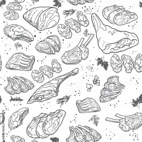 A set of raw meat. Beef, pork, lamb. Seamless pattern of raw meat in vintage engraving style. Packaging, design of a butcher shop or store.