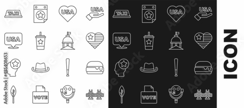 Set line Golden gate bridge, Burger, USA Independence day, Paper glass with straw, Taxi car roof and White House icon. Vector