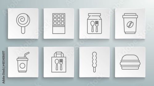 Set line Paper glass with straw, Chocolate bar, Online ordering and delivery, Lollipop, Burger, Coffee cup to go and icon. Vector