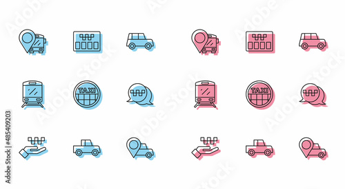 Set line Hand with taxi, Car, Location bus, Taxi car roof, call telephone service, Train and Taximeter icon. Vector