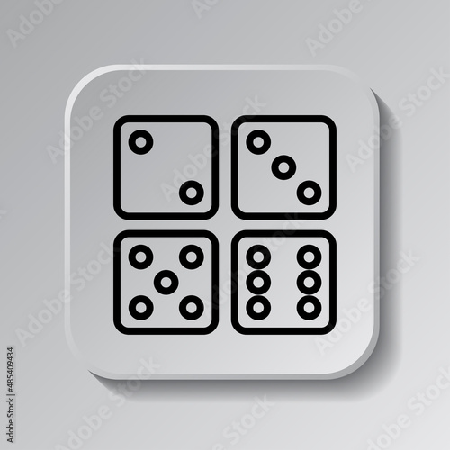 Dices simple icon, vector. Flat desing. Black icon on square button with shadow. Grey background.ai