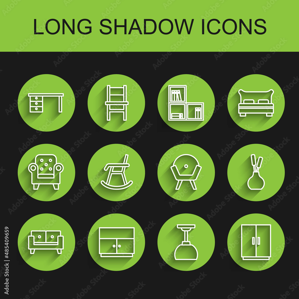 Set line Sofa, Wardrobe, Office desk, Lamp hanging, Armchair, Vase and icon. Vector Set line Sofa, Wardrobe, Office desk, Lamp hanging, Armchair, Vase and icon. Vector