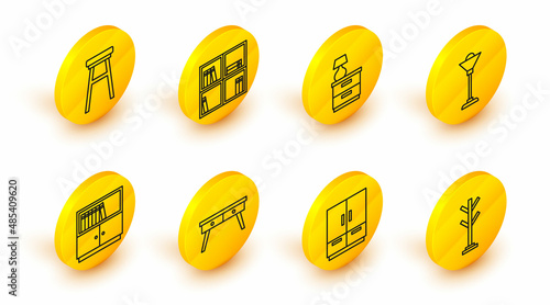 Set line Coat stand, Wardrobe, Office desk, Library bookshelf, Floor lamp, Furniture nightstand with, Shelf and Chair icon. Vector