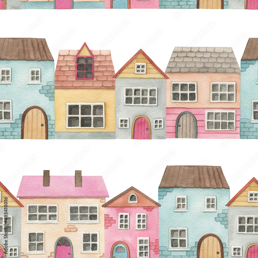 Watercolor seamless pattern with  colored houses. Hand drawn illustration. Vintage style