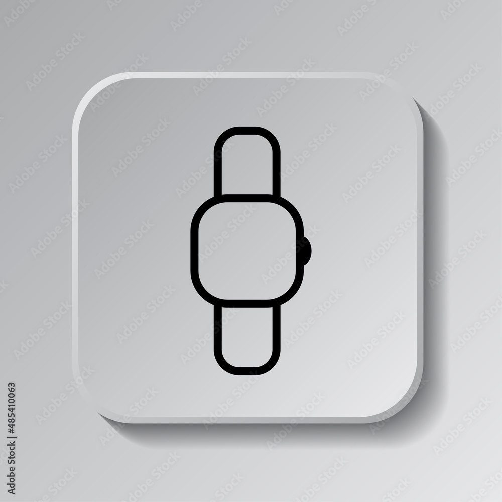Hand watch simple icon vector. Flat desing. Black icon on square button with shadow. Grey background.ai Hand watch simple icon vector. Flat desing. Black icon on square button with shadow. Grey background.ai