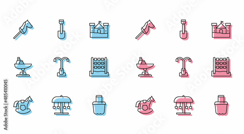 Set line Horse in saddle swing, Attraction carousel, Toy horse, Sand bucket, Street light, Tic tac toe game, Swing boat and Shovel toy icon. Vector
