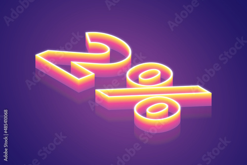 3d render, number 2% two percent, the best digital symbol illustration, pink purple gradient neon light glowing on the dark blue-purple background