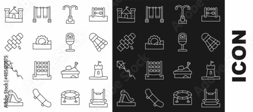 Set line Bungee, Sand tower, Badminton shuttlecock, Street light, Ferris wheel, Hopscotch, castle and Trash can icon. Vector
