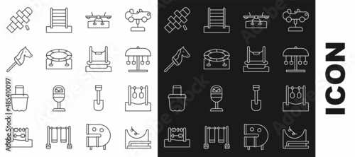 Set line Skate park, Gymnastic rings, Attraction carousel, Seesaw, Jumping trampoline, Toy horse, Hopscotch and Bungee icon. Vector