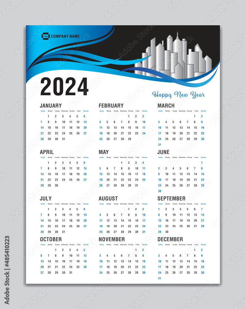 Calendar 2024 Template, Wall Calendar 2024 Vector, Desk Calendar Design