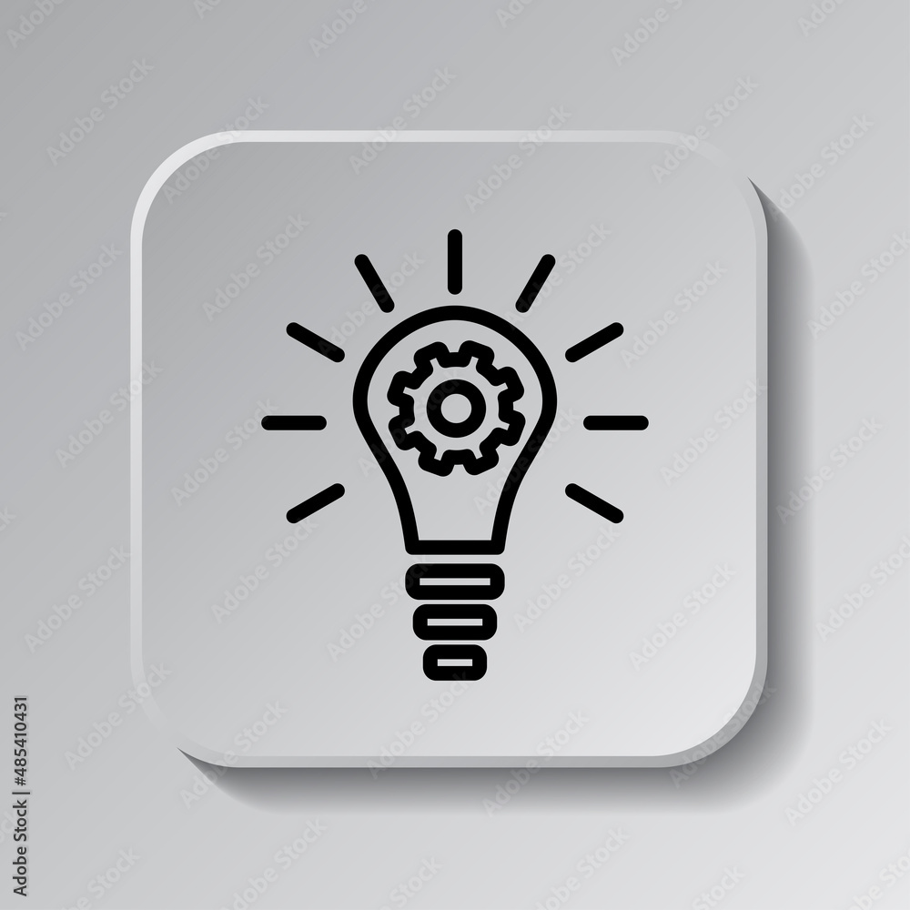 Light bulb with gears simple icon. Flat desing. Black icon on square button with shadow. Grey background.ai Light bulb with gears simple icon. Flat desing. Black icon on square button with shadow. Grey background.ai