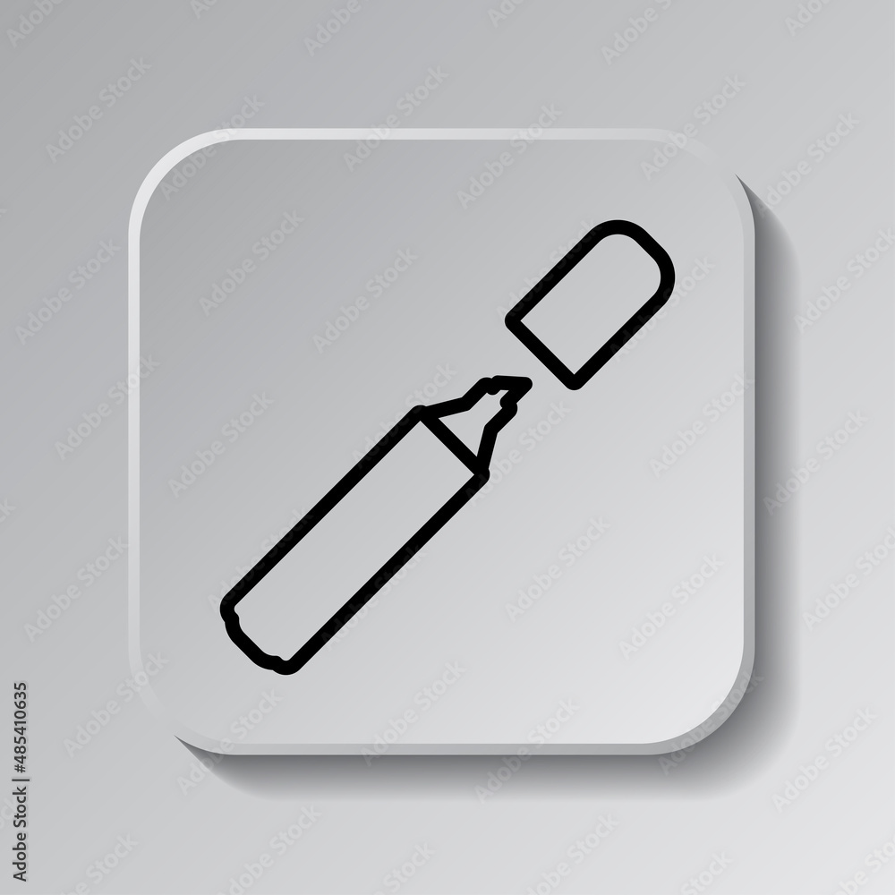 Marker, highlighter simple icon. Flat desing. Black icon on square button with shadow. Grey background.ai Marker, highlighter simple icon. Flat desing. Black icon on square button with shadow. Grey background.ai