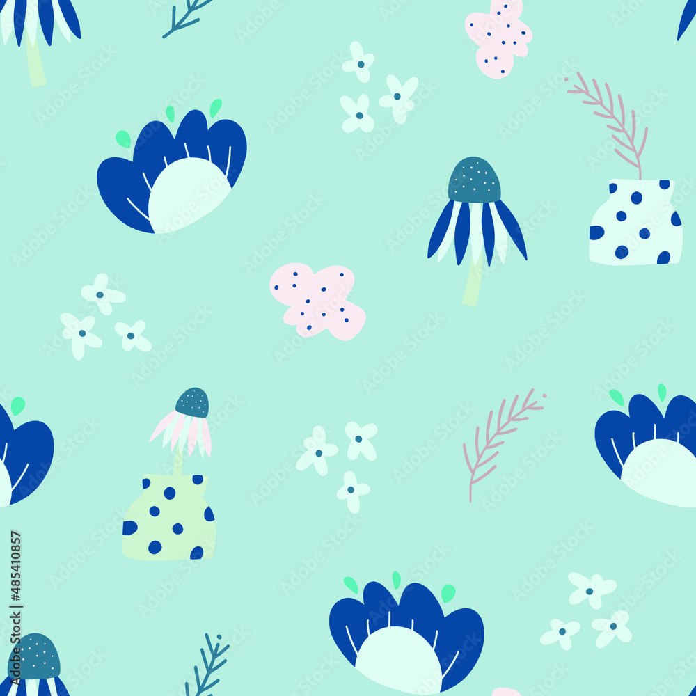 Abstract flowers and leaves seamless pattern on pale blue background