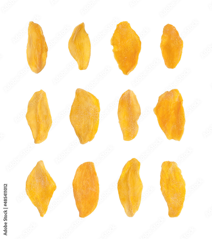 Set of dried mango slices isolated on white background Set of dried mango slices isolated on white background