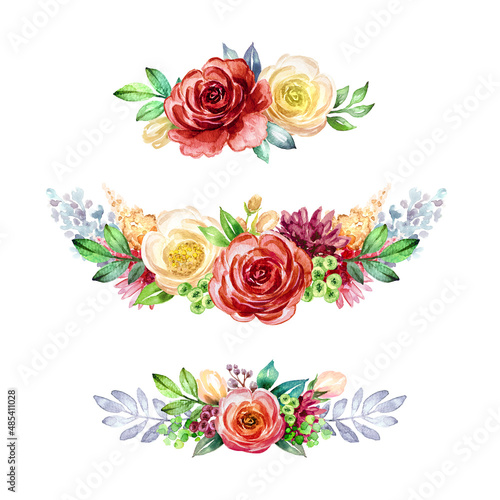 watercolor botanical illustration, bohemian style arrangement, bouquets of red and white roses and peonies, boho floral clip art set, design elements isolated on white background