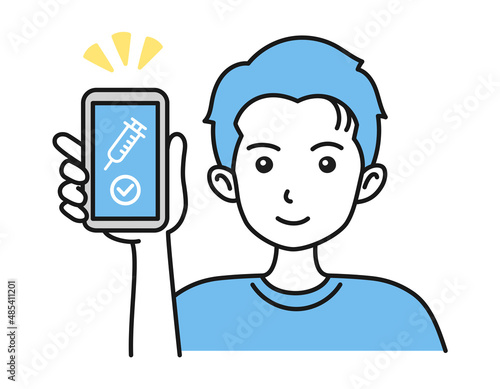 ワクチン接種証明書（ワクチンパスポート）をスマホで見せる男性のイラスト素材