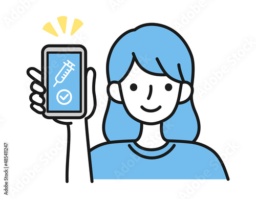 ワクチン接種証明書（ワクチンパスポート）をスマホで見せる女性のイラスト素材