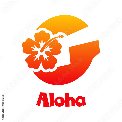 Logotipo texto Aloha con letra G en tipografía tiki con silueta de flor de hibisco en color naranja
