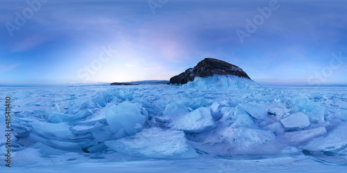 Ice hummocks field of Lake Baikal at the on Olkhon Island. Spherical 360 degree vr panorama photo