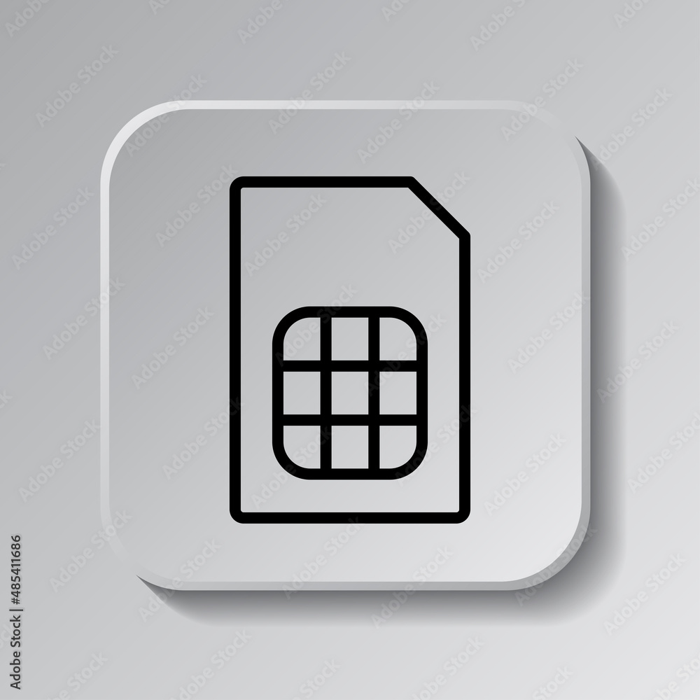 Sim card simple icon. Flat desing. Black icon on square button with shadow. Grey background.ai Sim card simple icon. Flat desing. Black icon on square button with shadow. Grey background.ai