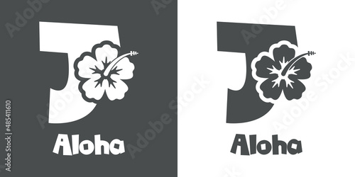 Logotipo texto Aloha con letra J en tipografía tiki con silueta de flor de hibisco en fondo gris y fondo blanco	