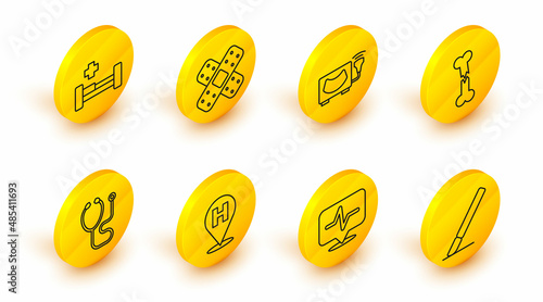 Set line Surgery scalpel, Heart rate, Location hospital, Stethoscope, Human broken bone, Ultrasound, Crossed bandage plaster and Hospital bed icon. Vector