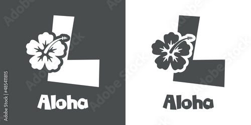 Logotipo texto Aloha con letra L en tipografía tiki con silueta de flor de hibisco en fondo gris y fondo blanco	