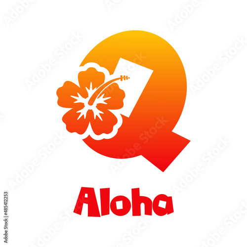 Logotipo texto Aloha con letra Q en tipografía tiki con silueta de flor de hibisco en color naranja