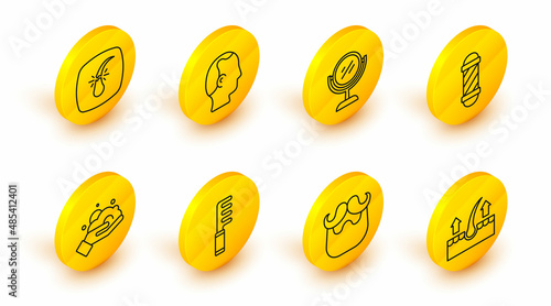 Set line Human hair follicle, Mustache and beard, Hairbrush, Shaving foam on hand, Classic Barber shop pole, Hand mirror, Baldness and Broken icon. Vector