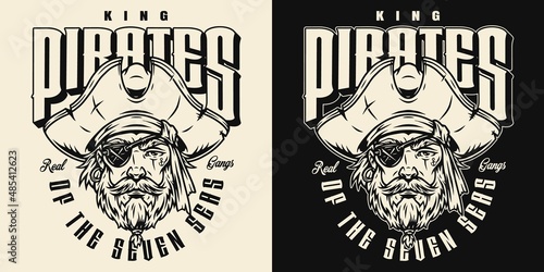 Vintage monochrome pirate face, wearing hat and eye patch marine logo isolated vector