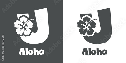 Logotipo texto Aloha con letra U en tipografía tiki con silueta de flor de hibisco en fondo gris y fondo blanco	