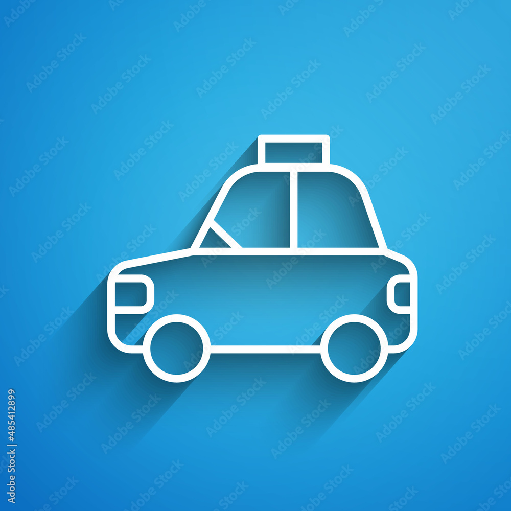 White line Pet car taxi icon isolated on blue background. Long shadow. Vector