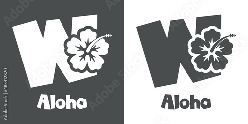 Logotipo texto Aloha con letra W en tipografía tiki con silueta de flor de hibisco en fondo gris y fondo blanco	