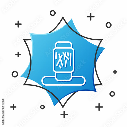 White line Cat scratching post with toy icon isolated on white background. Blue hexagon button. Vector