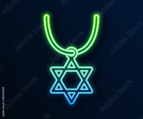 Glowing neon line Star of David necklace on chain icon isolated on blue background. Jewish religion symbol. Symbol of Israel. Jewellery and accessory. Vector