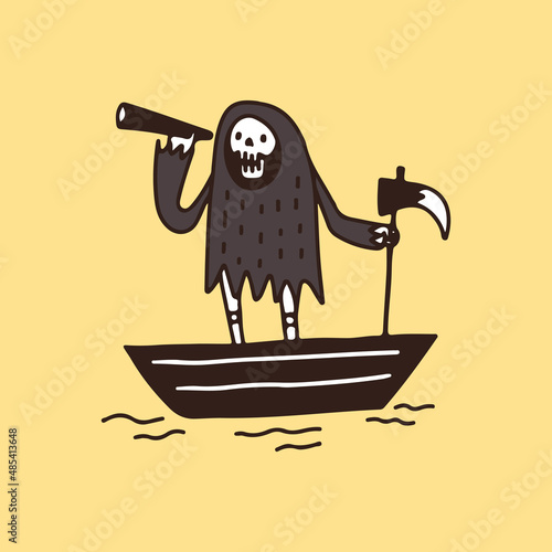 Grim Reaper Skull on the boat and holding binoculars, illustration for t-shirt, poster, sticker, or apparel merchandise. With retro cartoon style.