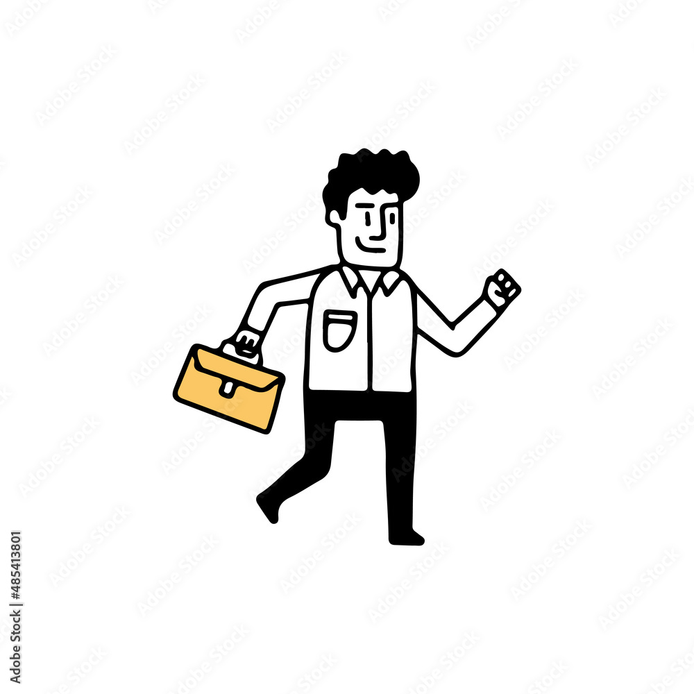 Illustration of a businessman walking and holding briefcase, Hand drawn Vector Illustration doodle style