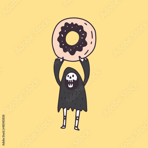 Retro Grim Reaper Skull and donut, illustration for t-shirt, poster, sticker, or apparel merchandise. With cartoon style.
