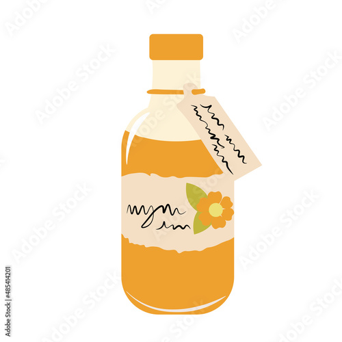 A jar of medicinal herbal infusion. A bottle of rapeseed oil. Vector stock illustration. Traditional medicine, prescription. Isolated on a white background.