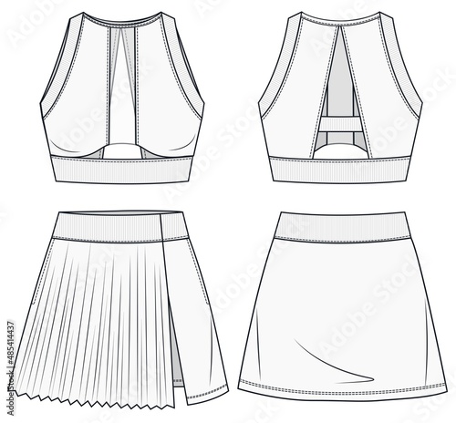 Womens Top and Skirt fashion flat  template.  Girls Sport Bra with Skirt. Technical fashion illustration. Sportswear CAD.